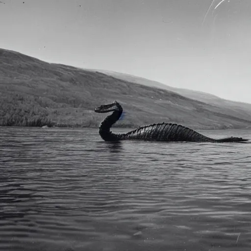 Prompt: a still photograph of the loch ness monster