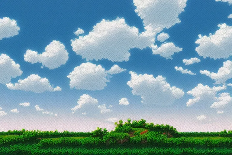 Image similar to landscape, summer, morning, beautiful cloud, quiet, no people, illustration, sharp focus, intricate, super wide angle, trending on artstation, trending on deviantart, pixelart, pixelperfect, pixel art, pixel, color limit, nearest neighbor, hard edges, art of Kirokaze pixel, art of Regular FHC, art of Pixel Jeff Franek, art of Aaron Hain, art of kryssalian