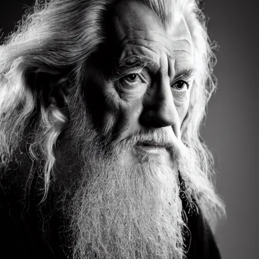 Image similar to a closeup black and white studio photographic portrait of gandalf, dramatic lighting