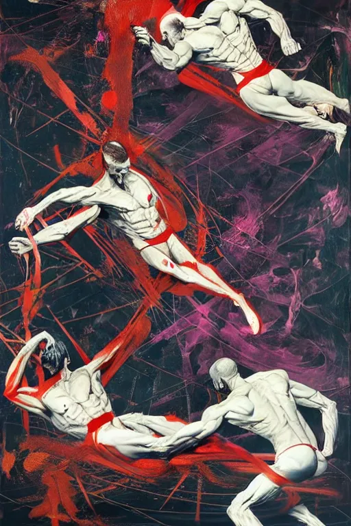 Image similar to two muscular men entwined, floating in space, zero gravity, inside a brutalist space ship, gothic, rich deep colours, painted by francis bacon, adrian ghenie, james jean and petra cortright, part by gerhard richter, part by takato yamamoto. 8 k masterpiece