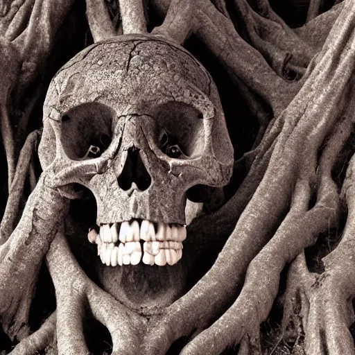 Prompt: a human skull with long, dark tree roots growing from the teeth outstretched like tentacles