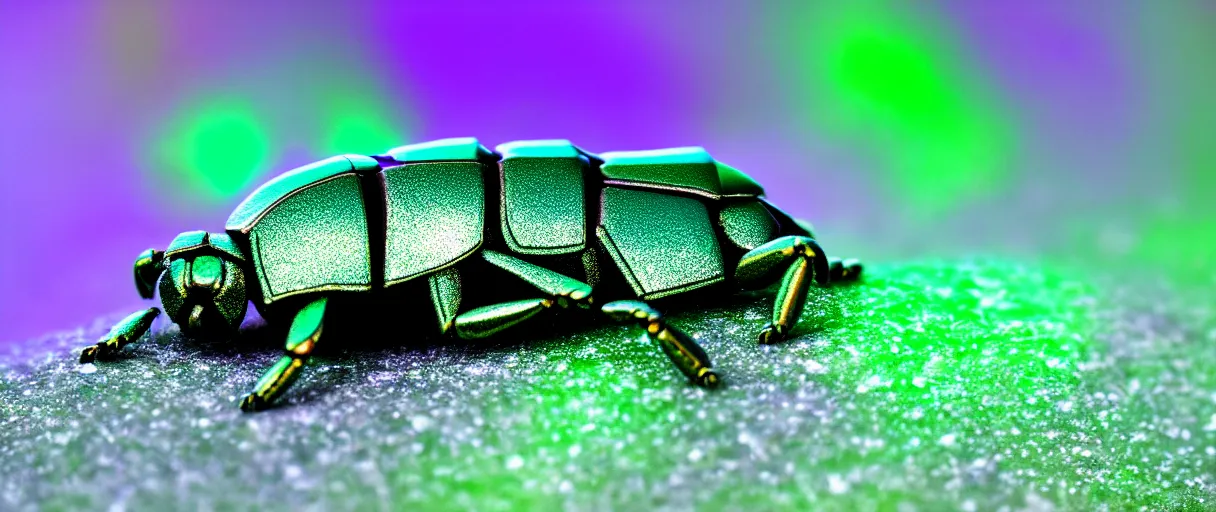 Prompt: high quality close-up photo scarab!! with crystals iridescent gorgeous hyperdetailed moody green lighting low angle hd 8k sharp shallow depth of field