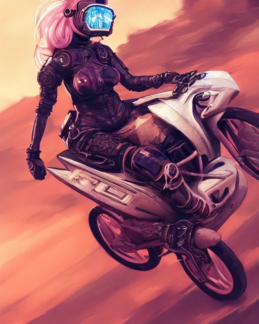 Prompt: blonde female rouge assassin riding a dirt bike, wearing cyberpunk intricate streetwear, respirator, beautiful, detailed portrait, cell shaded, 4 k, vivid colours, concept art, by wlop, ilya kuvshinov, artgerm, krenz cushart, greg rutkowski, pixiv. cinematic dramatic atmosphere, sharp focus, volumetric lighting, cinematic lighting, studio quality