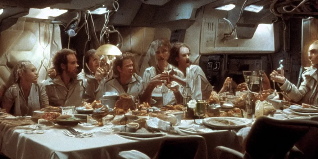 Image similar to a dinner scene within the Nostromo by Ridley Scott, Alien movie, grainy, bluish and cream tones