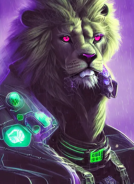 Prompt: award winning beautiful portrait commission of a male furry anthro lion fursona with a cute beautiful attractive detailed furry face wearing stylish black, green and purple cyberpunk clothes in a cyberpunk city at night while it rains. Character design by charlie bowater, ross tran, artgerm, and makoto shinkai, detailed, inked, western comic book art