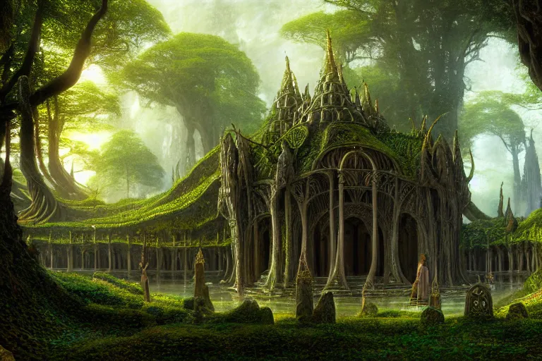 Image similar to a beautiful and highly detailed matte painting of a elven temple in lothlorien, psychedelic, celtic, intricate details, epic scale, insanely complex, 8 k, sharp focus, photorealism, artstation, cgsociety, by caspar friedrich, albert bierstadt, james gurney, brian froud,