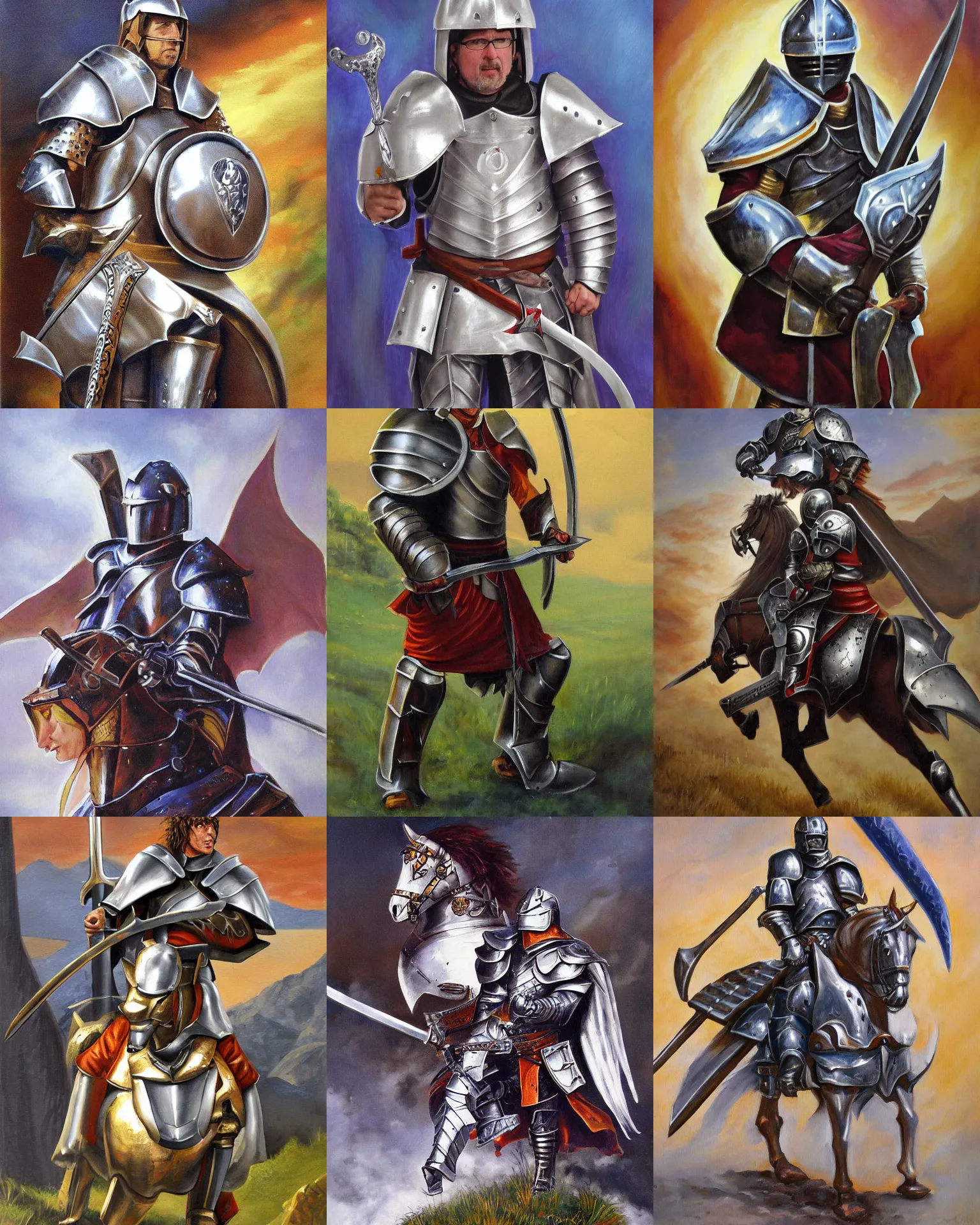 Prompt: ron pelrman as paladin, plate armor, sword, dnd painting
