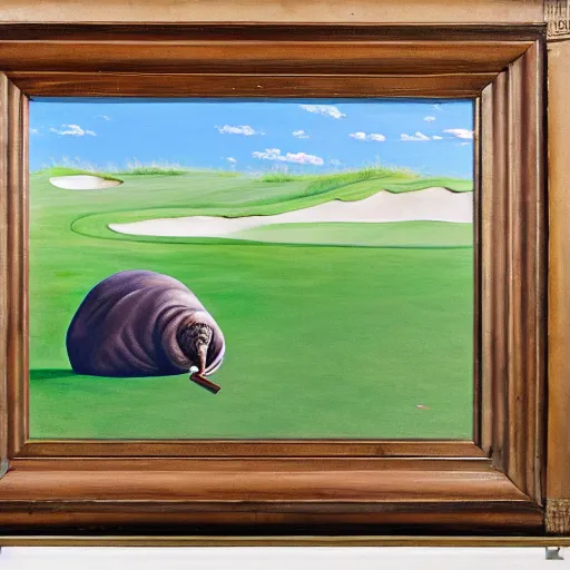 Image similar to a painting of a walrus lying on a golf course,