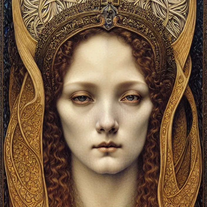 Image similar to detailed realistic beautiful young medieval queen face portrait by jean delville, gustave dore and marco mazzoni, art nouveau, symbolist, visionary, gothic, pre - raphaelite. horizontal symmetry