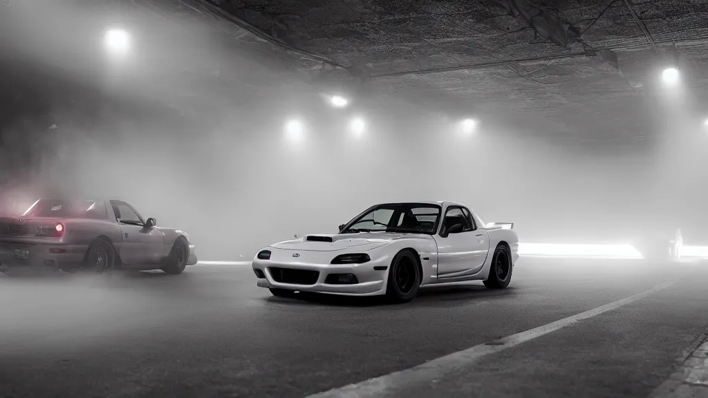 Image similar to mazda rx 7 fc with pop up headlights, cinematic, long exposure, white balance, 8 k, led, lumen global illumination, fog, ray tracing reflections