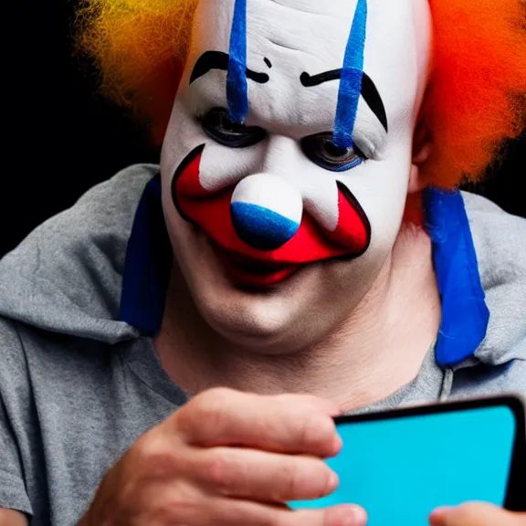 Image similar to clown crying while browsing twitter on his phone