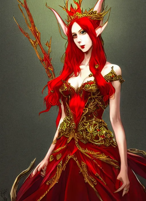 Image similar to Full body portrait of a beautiful red haired elven queen wearing red, green and gold queen dress and elaborate golden crown, bored look. In style of Yoji Shinkawa and Hyung-tae Kim, trending on ArtStation, dark fantasy, great composition, concept art, highly detailed.