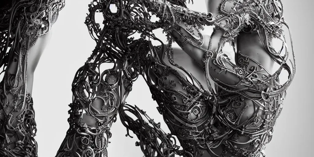 Image similar to hyper realistic photography of a stunningly beautiful cyborg female, plated arm, intimate, chest, holding close, ribbons, in the style of beth cavener, jin kagetsu,, and wlop, highly detailed, intricate filigree, symmetry, masterpiece, award winning, sharp focus, concept art, highkey lighting, ambient lighting, octane render, 8 k, artstation