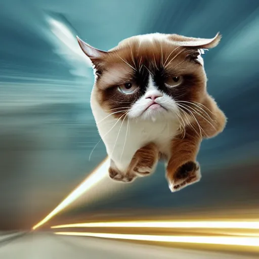 Prompt: photo of hyperspeed flying through outer space, grumpy cat running fast with motion blur