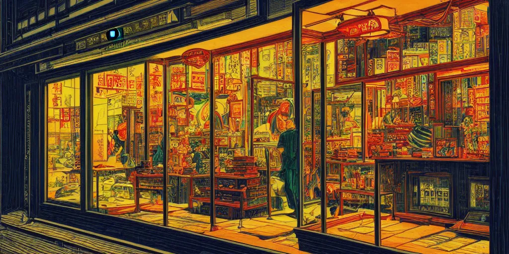 Prompt: s shop window in hong kong, by dan mumford and peter doig and edward hopper, heavy black lines, highly detailed, dramatic lighting, 8 k