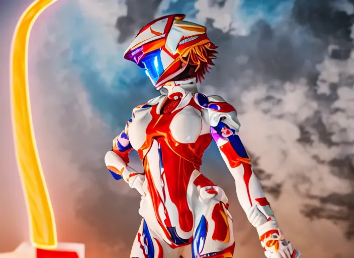 Image similar to extremely beautiful photo of a white marble statue of an anime girl with colorful motocross logos and motorcycle helmet with closed visor, colorful smoke in the background, carved marble statue, fine art, neon genesis evangelion, virgil abloh, offwhite, denoise, highly detailed, 8 k, hyperreal