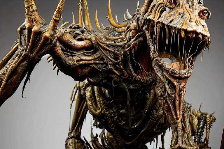 Prompt: photo taken of an epic intricate, ultra detailed, super realistic gritty, hero prop, exquisitely weathered animatronic movie prop of a lifelike sculpture of a nightmarish hellish alien creature displayed in the workshop, created by weta workshop, full body shot, photorealistic, sharp focus