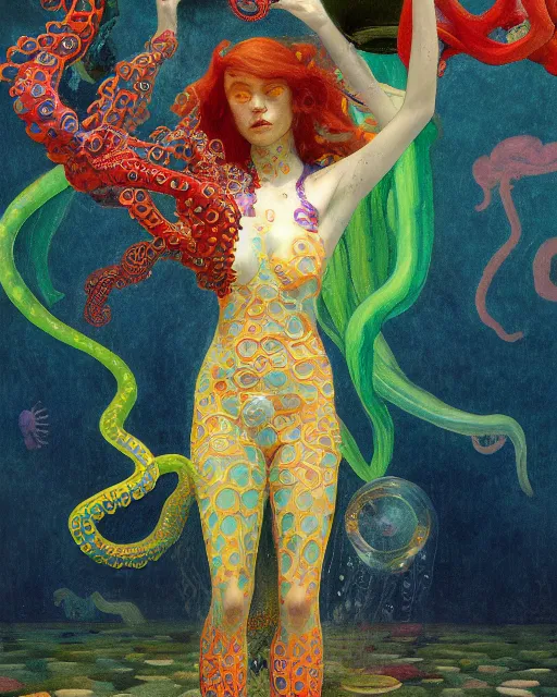 Image similar to a beautiful girl underwater wearing a colourful octopus as a dress and surrounded by glowing jellyfish, painted by edgar maxence, edward hopper, wayne barlowe and james gilleard, airbrush, art by jamesjean