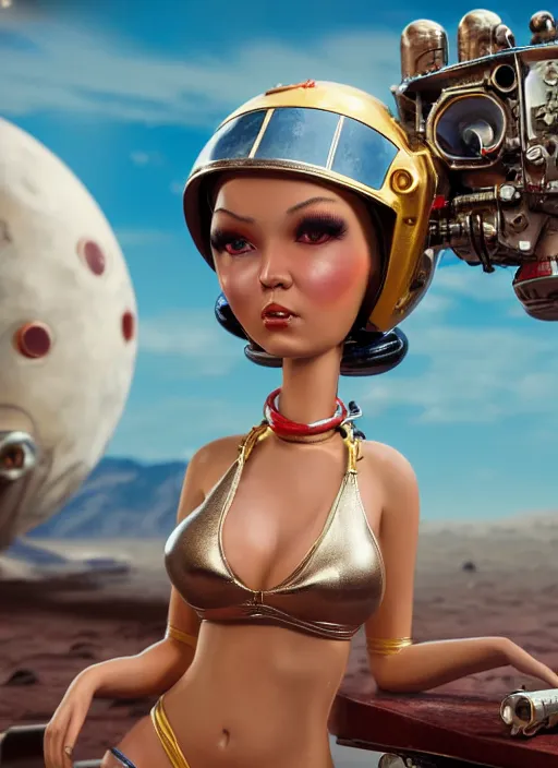 Image similar to highly detailed closeup, portrait of a tin toy bikini spacegirl in a spaceship on mars, unreal engine, nicoletta ceccoli, mark ryden, earl norem, lostfish, global illumination, detailed and intricate environment