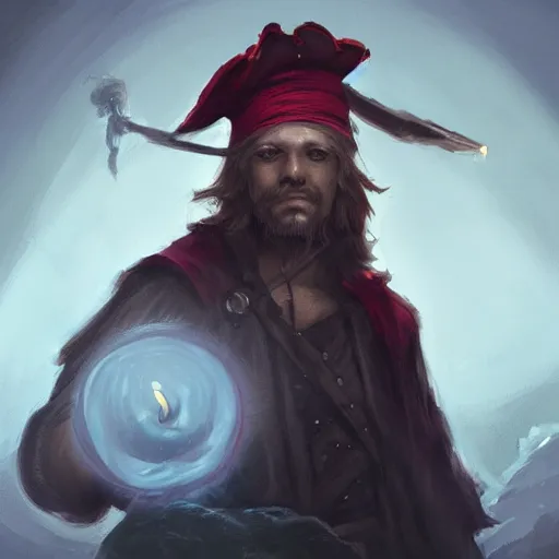 Prompt: a male pirate wearing a black sleeping cap with a puffball, holding a candle, wearing a flowing cape, portrait, d & d, science fiction, concept art, matte, sharp focus, illustration, concept art, jason chan, dan luvisi, karl thiart, uhd, 4 k, very detailed