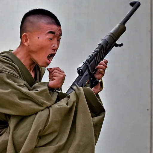 Image similar to a shaolin monk in the army, screaming and firing an automatic rifle