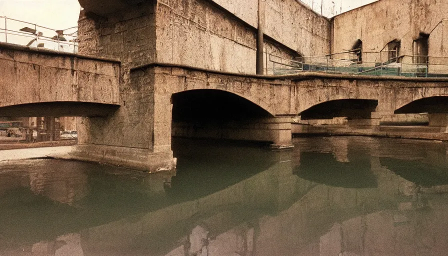 Image similar to 60s movie still of an empty aqueduc, cinestill 800t 50mm eastmancolor, liminal Space style, heavy grain