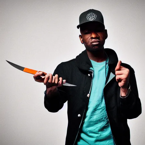 Prompt: photo of a dnb mc holding a knife