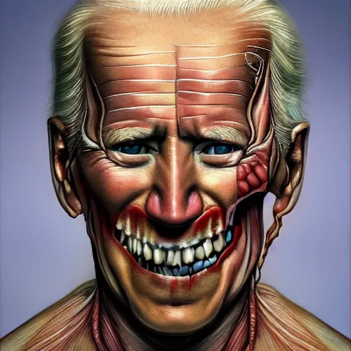 Image similar to a portrait of joe biden, flesh eating worms, macabre, horror, saw teeth, horror rotten teeth, peeling face skin, decomposing skin tones, by junji ito, wlop, zdzisław beksinski, realistic face, visible face, digital art, artstation, symmetry