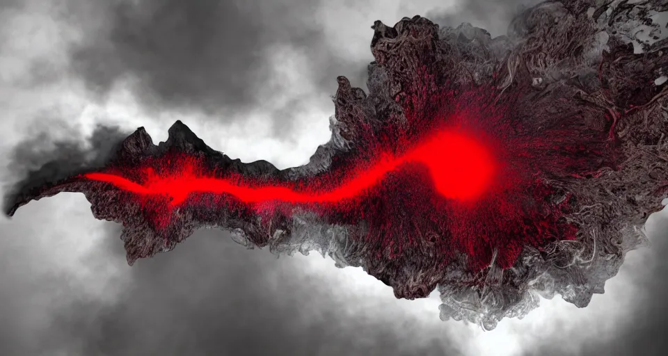 Prompt: a volcano made of ivory vines and crimson rocks enters in eruption, it spits a smoke in the shape of demonic eye, with 3D render