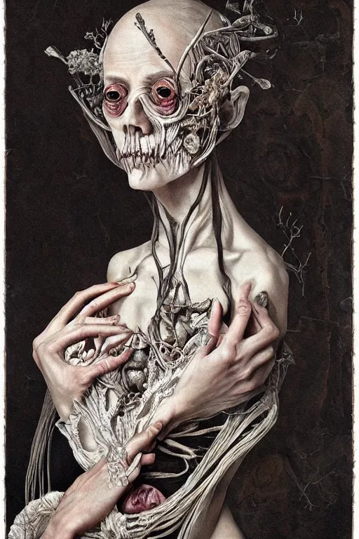 Image similar to Detailed maximalist portrait of a beautiful old woman with large lips and eyes, scared expression, botanical skeletal with extra flesh, HD mixed media, 3D collage, highly detailed and intricate, surreal illustration in the style of Caravaggio, dark art, baroque, centred in image