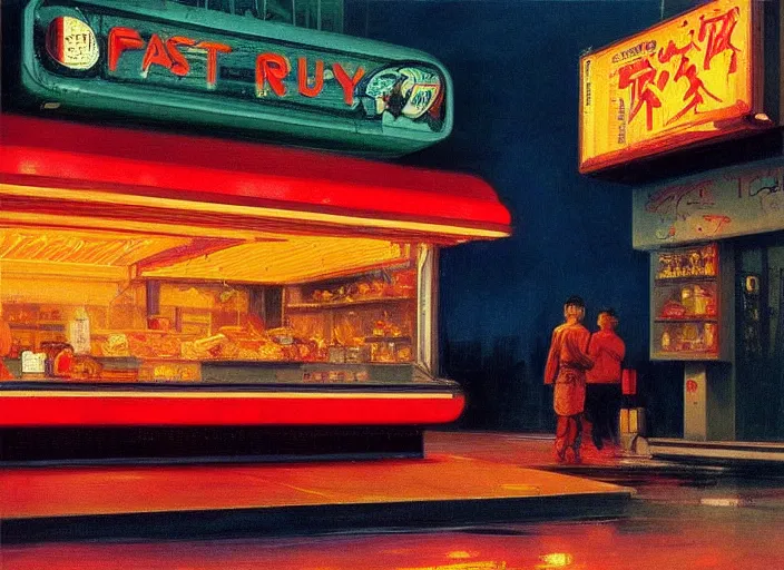 Prompt: the only open cyberpunk blade runner fast food stand in the cyberpunk city during a melancholy rainy night by edward hopper