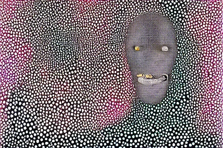 Image similar to teeth, smile, faceless people dark, dots abstract, dripping, stipple, pointillism, technical, abstract, minimal, style of francis bacon, asymmetry, pulled apart, stretch, cloak, eerie, made of dots, abstraction chemicals, balaclava mask, colored dots, sploch