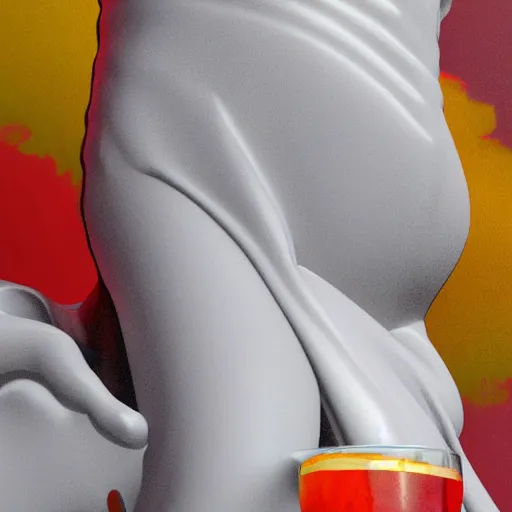 Image similar to close - up of white reneissance statue holding a coctail, colorful coctail, digital painting, 3 d render, above the waist