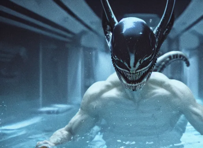 Image similar to film still of xenomorph swimming in a pool at night in the new alien movie, 4 k