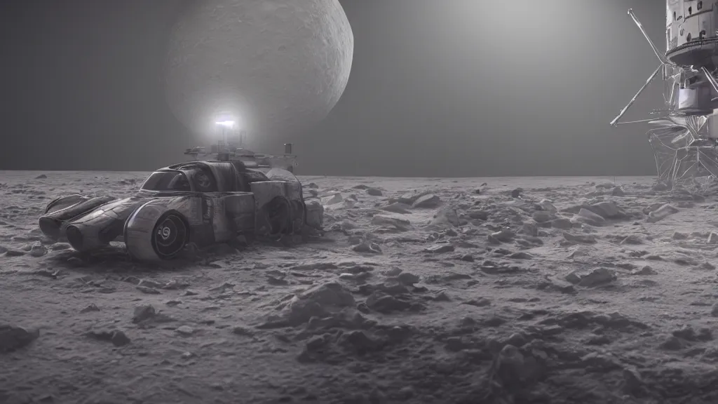 Image similar to a 3 d render of a cyberpunk car on the moon, 8 k, realistic, dynamic, artstation, digital art