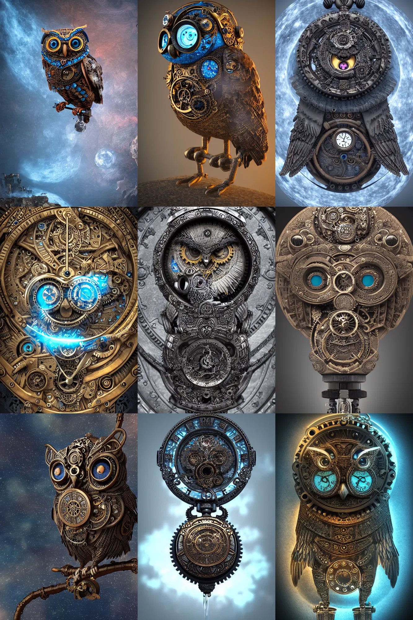 Prompt: steampunk aztec owl pocketwatch, intricate detail, volumetric lighting, epic composition, hyper detailed, ultra realistic, sharp focus, octane render, volumetric, ray tracing, sense of awe, swirling mist, blue moon