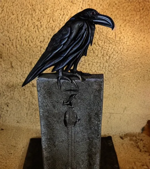 Image similar to raven standing on a large tombstone relic with glowing sigils on it, midnight death fog colors!