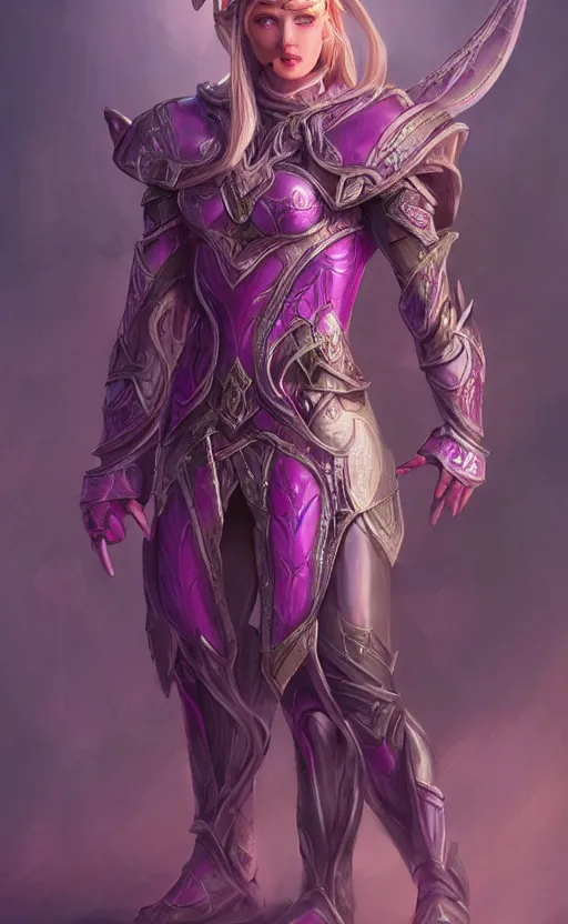 Image similar to a full body portrait of an elven woman with pink skin, and armor fit for a queen, wearing purple headphones, and smiling, dynamic lighting, photorealistic fantasy concept art, trending on art station, stunning visuals, creative, cinematic, ultra detailed