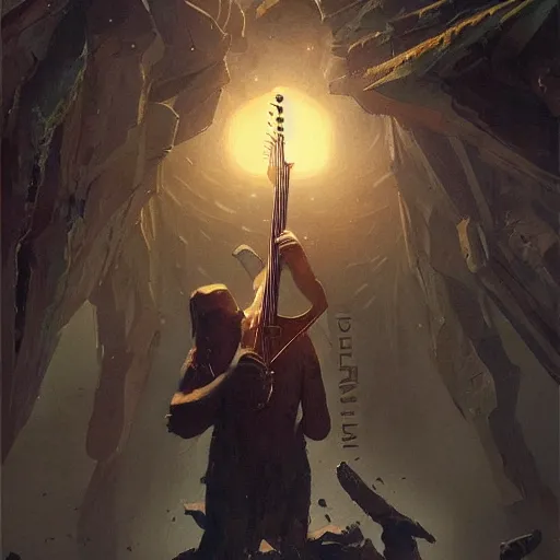 Prompt: flying v guitar in hand of man by greg rutkowski