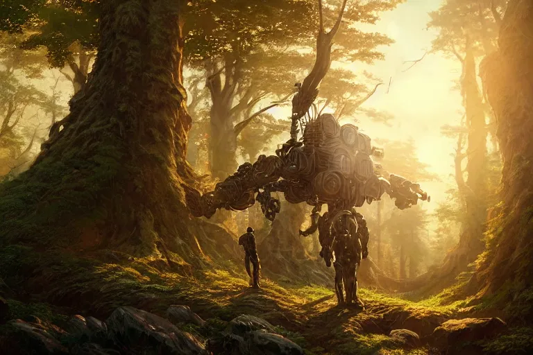 Image similar to detailed intricate digital illustration by greg rutkowski and artgerm and wlop and sanford robinson gifford ; bearded man standing next to his mech suit, standing in yggdrasil forest thick trees ; 1 3 mm film, arri alfa anamorphic lens ; sharp focus, golden hour lighting, gleaming sunlight rays ; trending on artstation 4 k ; close view