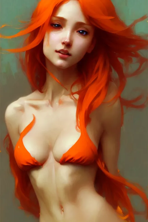 Image similar to nami, long orange hair, brown eyes, bikini, digital art from artstation by ruan jia and mandy jurgens and artgerm and william - adolphe bouguereau