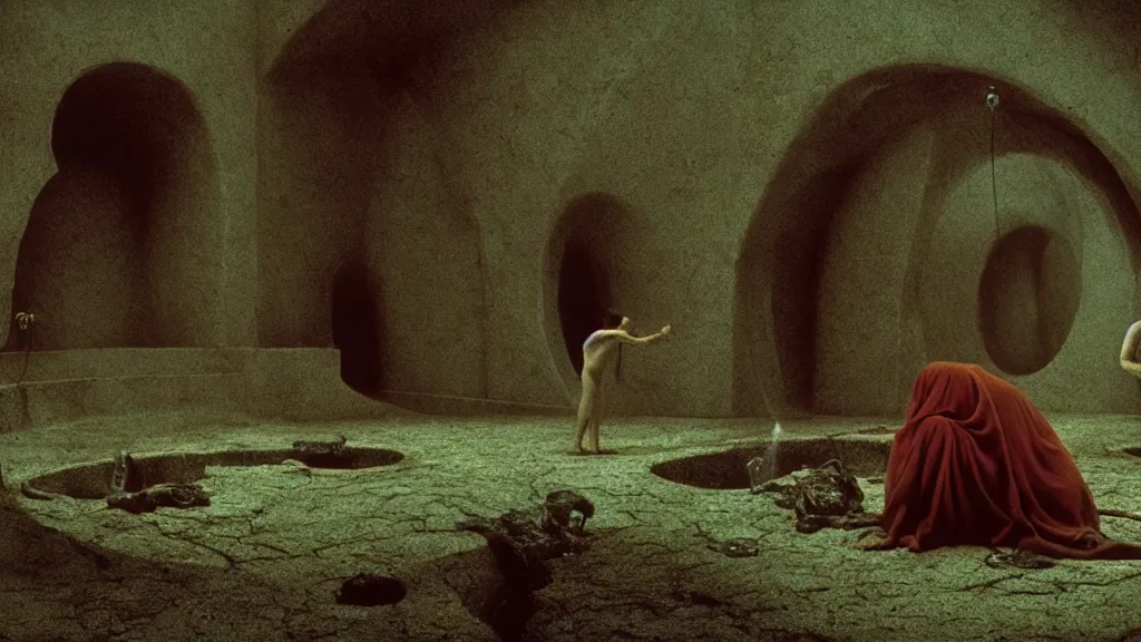 Image similar to i lost my keys at the fountain of youth, film still from the movie directed by denis villeneuve and david cronenberg with art direction by salvador dali and zdzisław beksinski, wide lens