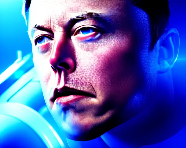 Image similar to 2 8 mm closeup portrait of elon musk top fragging in his live action video game, pipes, wires, dramatic lighting, octane, blue lights, lens flare, industrial, dirty, trending on artstation, golden ratio, h. r. giger, mist, action, volumetric lighting