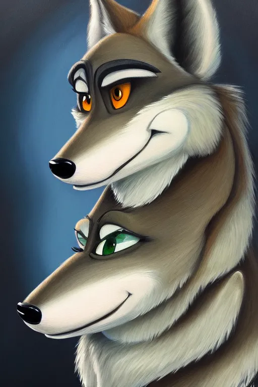 Image similar to oil painting of anthromorphic female wolf, in style of zootopia, female fursona, furry, furaffinity, 4 k, deviantart, furry art, fursona art, wearing black business suit, business suit, wolf fursona, female, very expressive detailed feminine face,