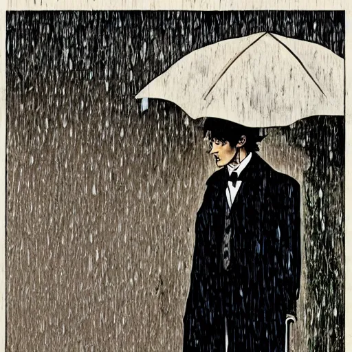 Image similar to Sherlock Holmes standing in the rain in the style of Junji Ito