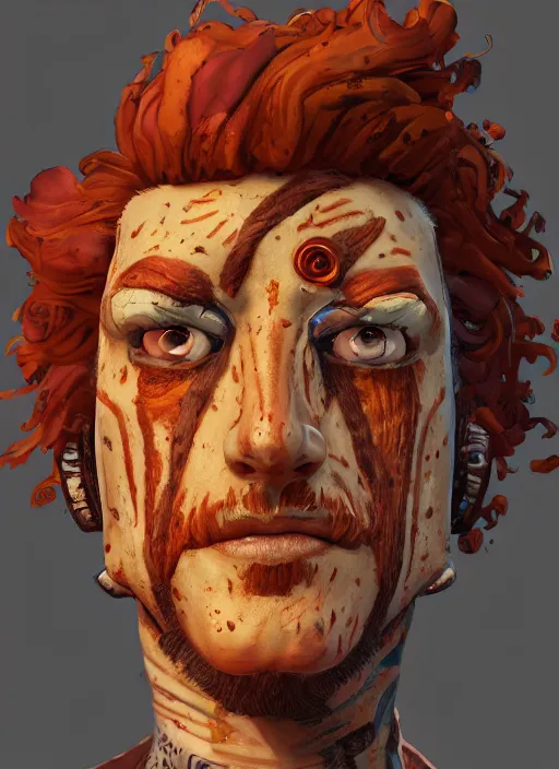 Prompt: lunarpunk portrait of curly orange hair man from borderlands 3, au naturel, hyper detailed, digital art, trending in artstation, cinematic lighting, studio quality, smooth render, unreal engine 5 rendered, octane rendered, art style by klimt and nixeu and ian sprigger and wlop and krenz cushart.