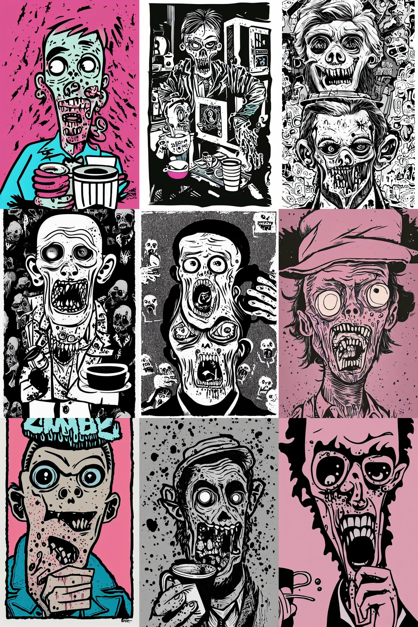 Prompt: zombie not enjoying coffee, upset the coffee does not work , portrait by mcbess, pink and blue