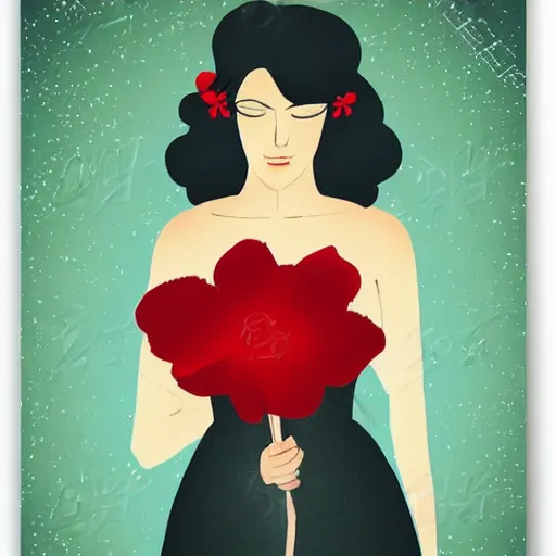 Prompt: a woman holding a red flower by tim doyle