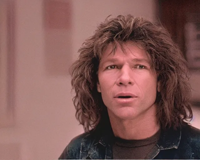 Prompt: movie still of Jon Bon jovi as Johnny in a scene from The Room, shot on Kodak 35mm film stock