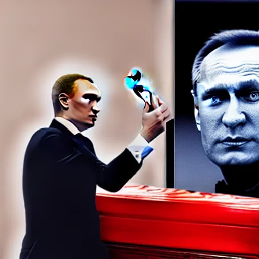 Image similar to alexey navalny takes a selfie, vladimir putin in coffin on the background, insane details, clear face and eyes, textured, 8 k, professional photography